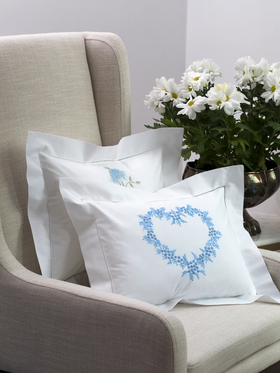 Boudoir Pillow Cover, Embroidered with Hem Stitch - Hydrangea (Blue/Sage) - Image 3
